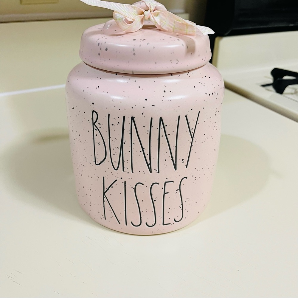 Rae Dunn Pink Speckled Bunny Kisses Ceramic Jar With Lid NWOT